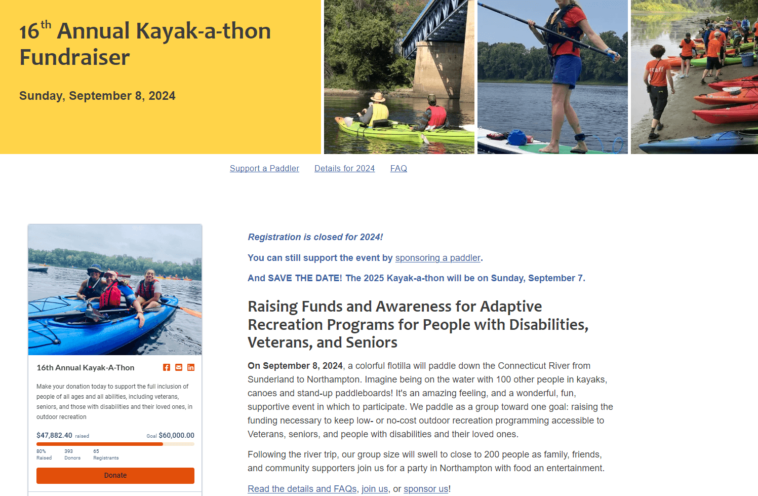 Fundraising campaign page for All Out Adventures’ annual kayak-a-thon