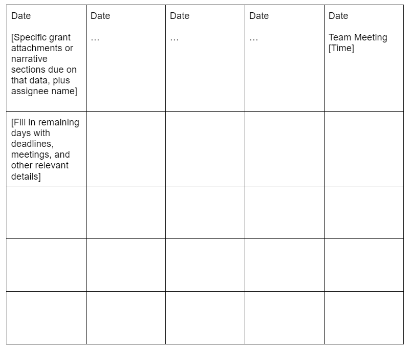 Sample calendar template for grant kickoff meeting, listing key deadlines and meeting dates