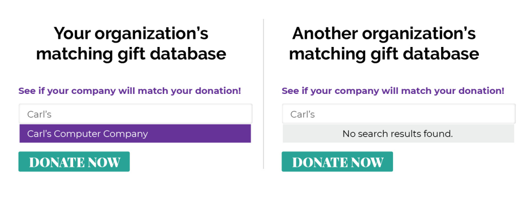Customizable one-off matching gift search tool